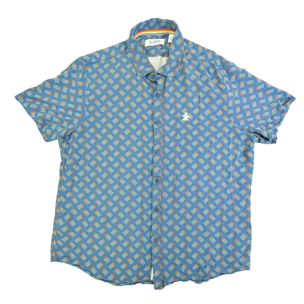 Original Penguin Button Down Shirt Mens XL Blue Geometric Short Sleeve Colorful